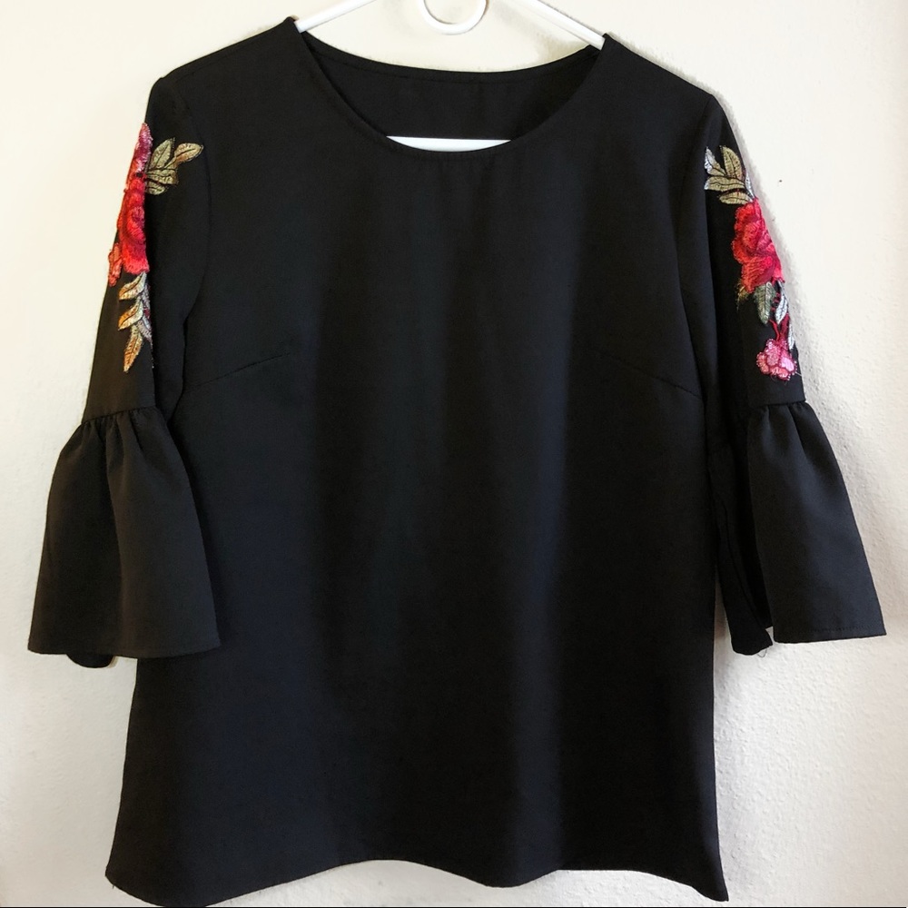 Black Blouse with Flower Details on Sleeve